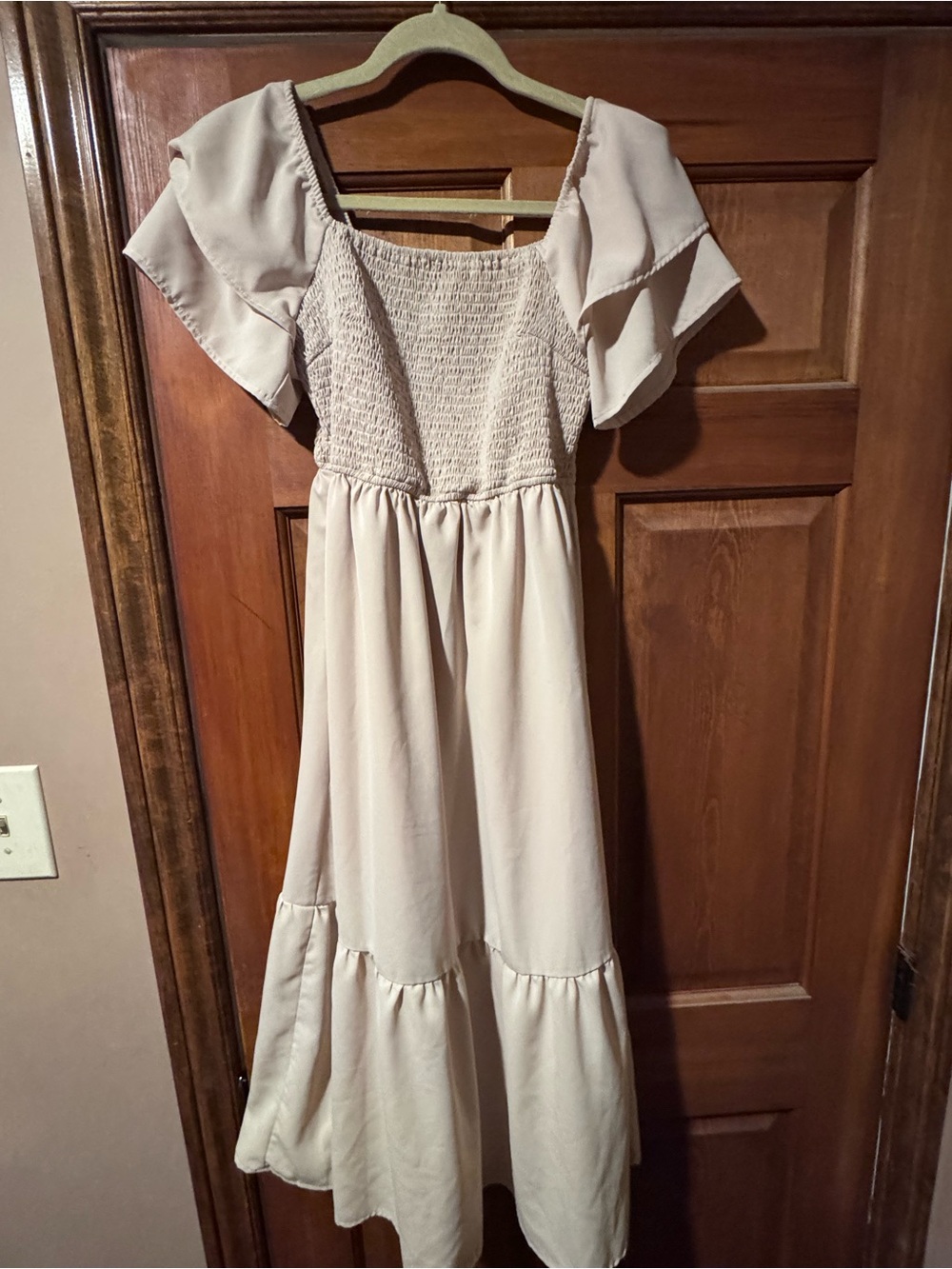 Smocked Off-Shoulder Maxi Dress in Cream